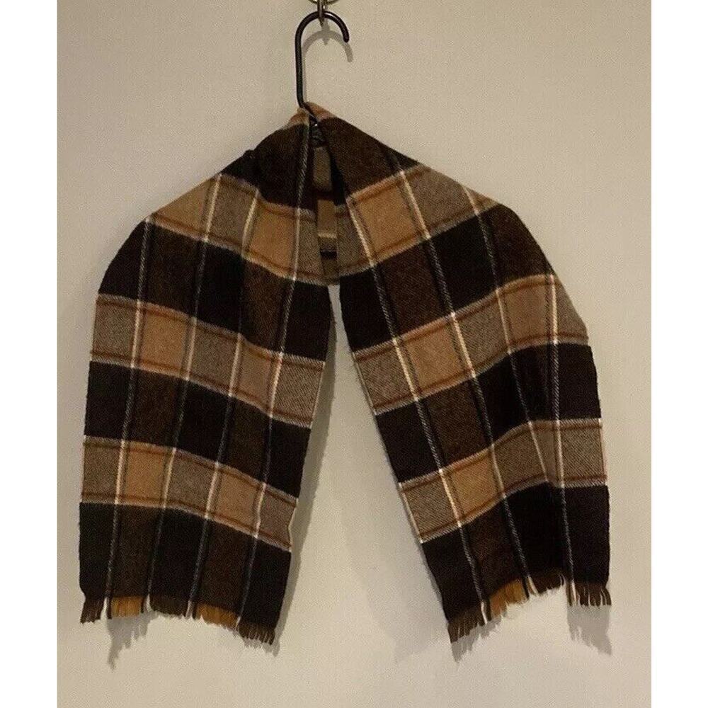 Zephlon Vintage Brown Plaid Soft Acrylic Fringed Scarf 54" X 12"